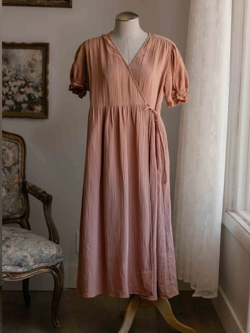 100% Cotton Women’s Blush Pink Midi Wrap Dress with Short Puff Sleeves